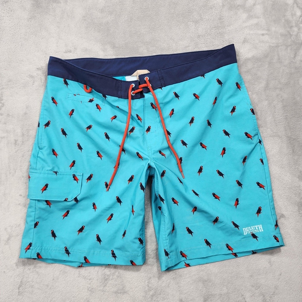 Duluth Trading Co Board Shorts Mens‎ 36 Blue Bird Parrot 9" Inseam Swim Beach